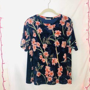 Women's ZARA Velvet Floral Tee Navy and Pink